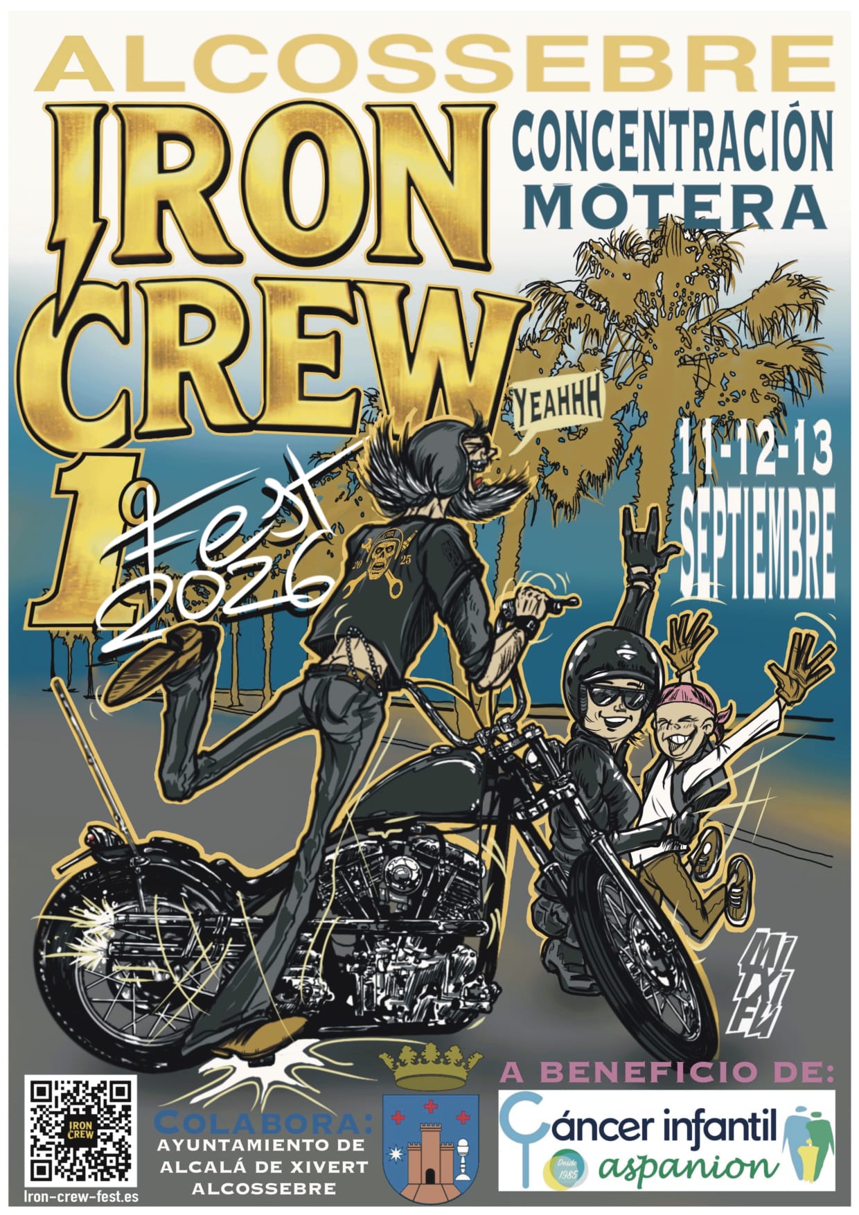 Affiche officielle Iron Crew Alcossebre 2026 &middot; concentration moto solidaire, 11-12-13 septembre